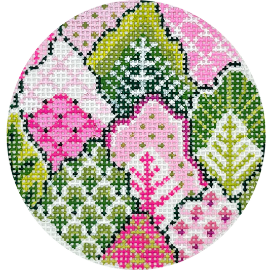Pink and Green Turkish Leaf Round Needlepoint Canvas