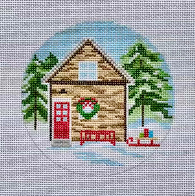 Winter Cabin Round Needlepoint Canvas