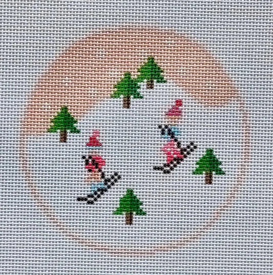 Pink Ski Round Needlepoint Canvas