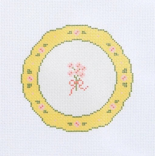 Rose Pink Yellow Floral Plate Needlepoint Canvas