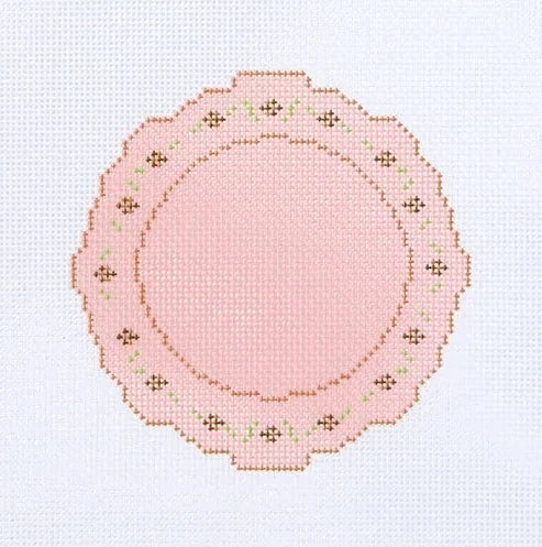 Brown Pink Floral Plate Needlepoint Canvas