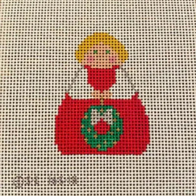 Red Angel with Green Wreath and Silver Bow Stitch-It Angel Needlepoint Canvas