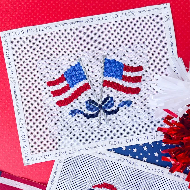 American Flags with Bow Needlepoint Canvas & Stitch Guide