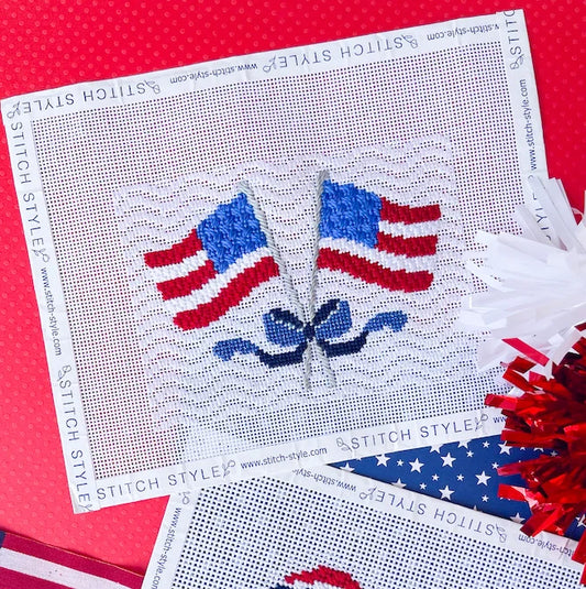 American Flags with Bow Needlepoint Canvas & Stitch Guide