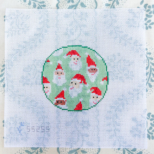 Green Santa Claus is  Coming to Town Round Needlepoint Canvas