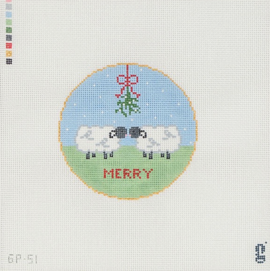 Mistletoe Sheep Round Needlepoint Canvas