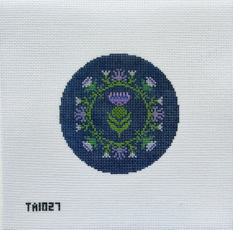 Thistle Round On Navy Needlepoint Canvas